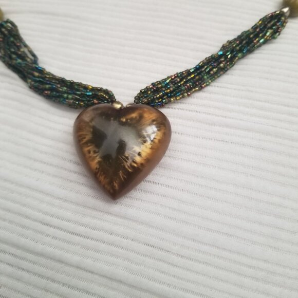 Multi-Strand Seed Bead Necklace with Heart Pendant Green Brown Blue - Picture 2 of 6